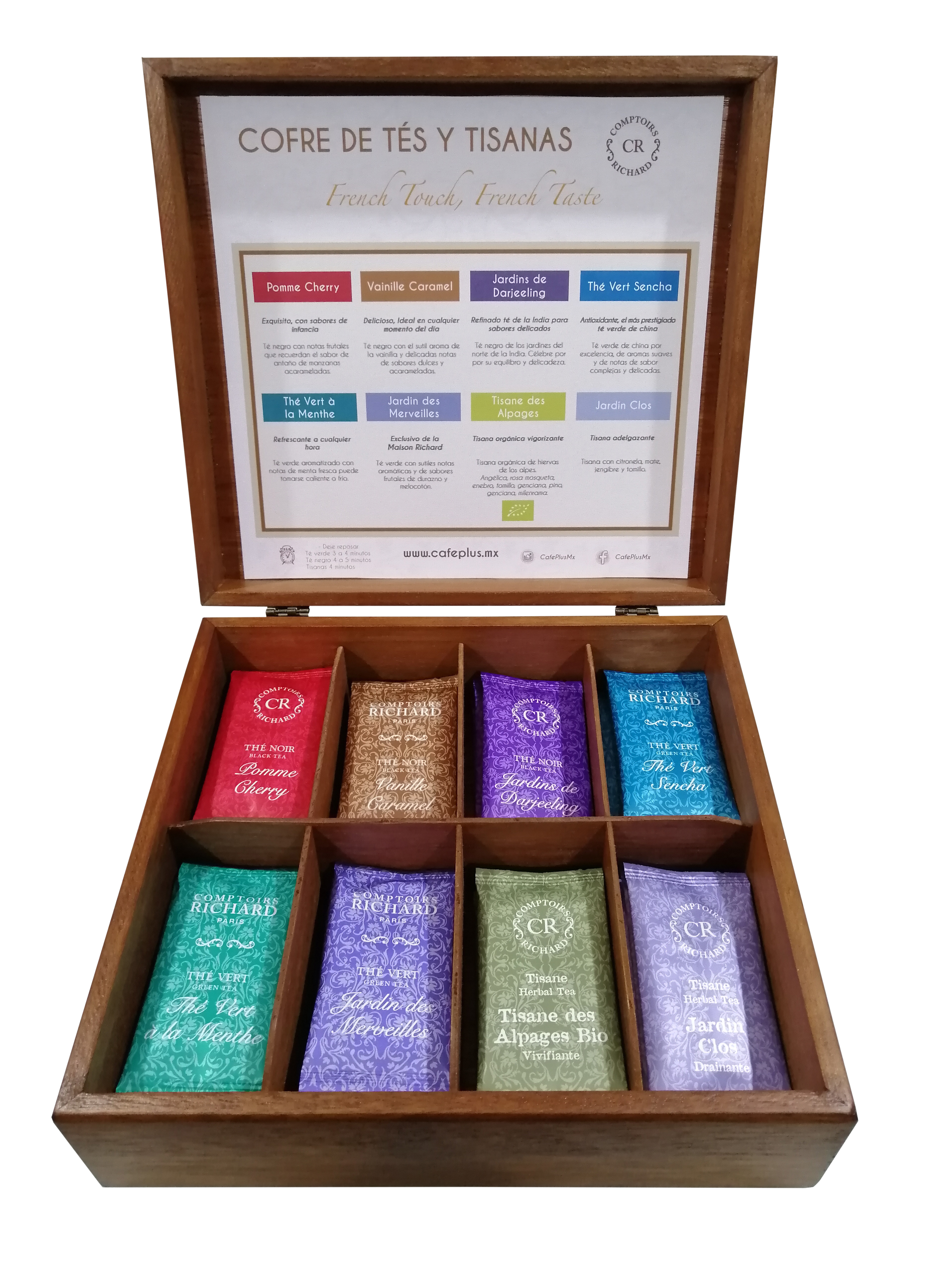 Caja de madera con 8 tipos de té y tisanas - Café Plus